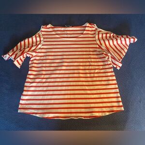 Lauren Ralph Lauren-Cropped Cold Shoulder Short Bell Sleeve Top, Red/Wht, Size L